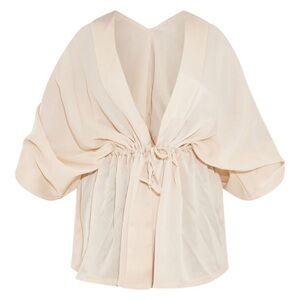 PLT Cream Textured Woven Plunge Tie Waist Blouse
